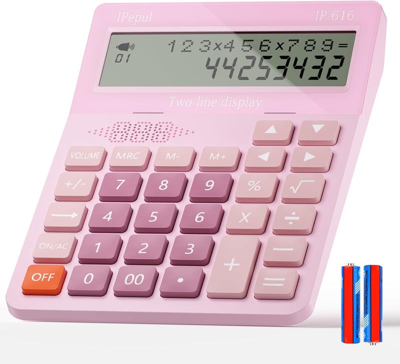 iPepul Calculators Desktop, Desk Calculator with Large 2 Line Display, Talking Basic Calculator with big Button & Adjustable Volume, 4 Function Calculators for Business, Students,School Office Supplies(Pink) - Image 1